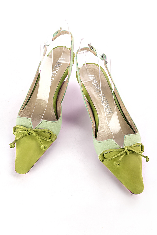 Pistachio green women's open back shoes, with a knot. Tapered toe. Medium spool heels. Top view - Florence KOOIJMAN